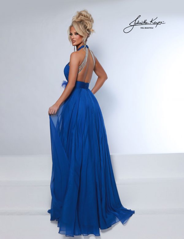 Back view of royal blue pageant dress with jeweled halter straps. Glamourous open-back chiffon gown with draped rhinestone detailing, ideal for national pageants, prom, stagewear, red carpets, and formal events.